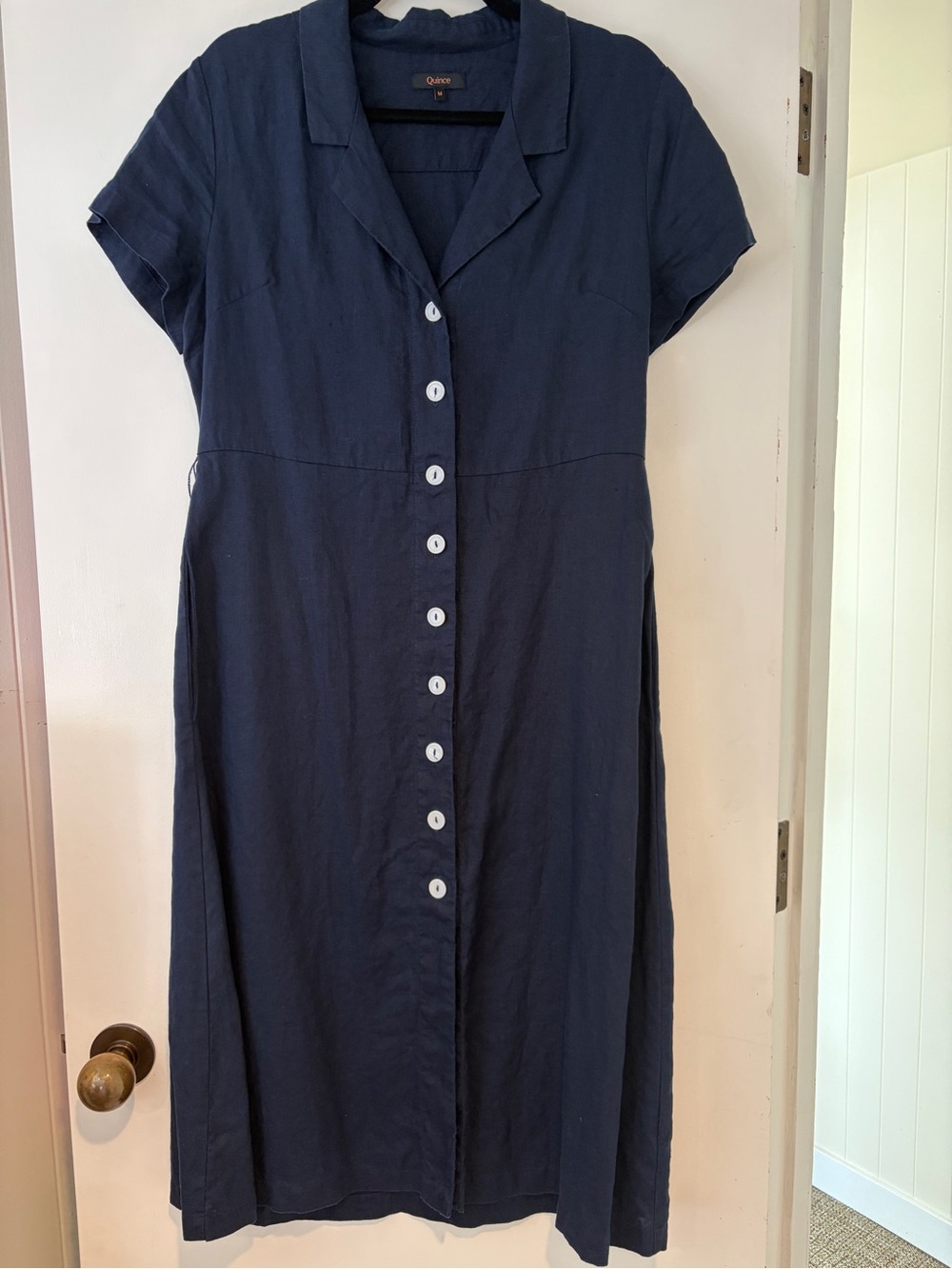 Quince Navy Button-Front Midi Dress with White Buttons